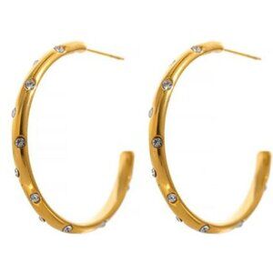 New 18K Gold Cubic Zirconia 1.25'' Round Hoop Earrings